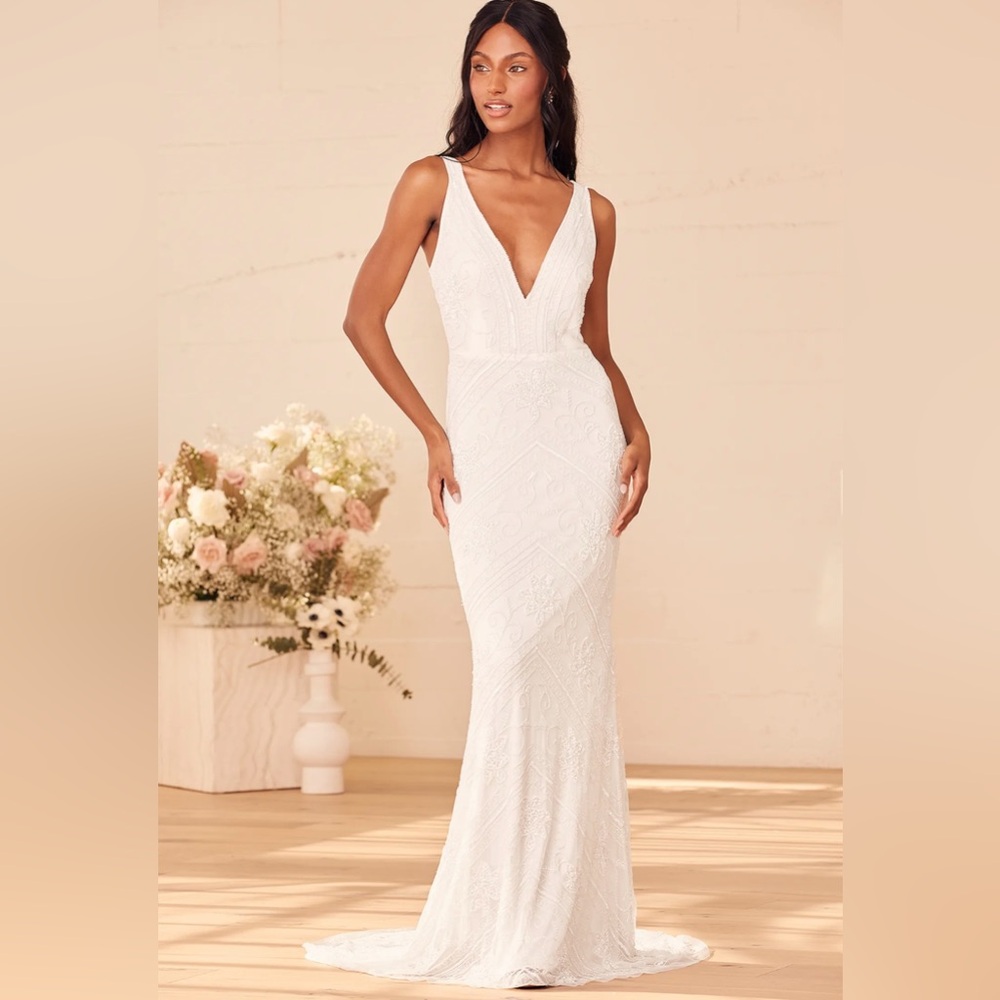 The Sweetest Vows White Beaded Sequin Mermaid Maxi Dress size L - Picture 3 of 5